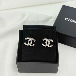 Chanel Classic Silver Crystal CC Stud Earrings
